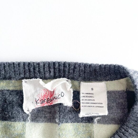 Karen Nico Women's Cardigan Flowering Plaid Green Black Beaded Button Small - Picture 2 of 9